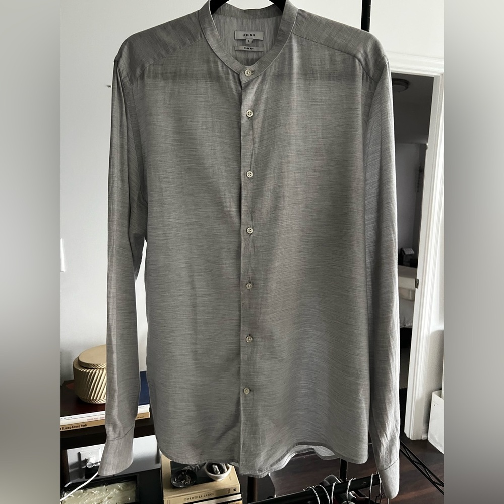 Reiss Light Gray Slim Fit Top with Band Collar